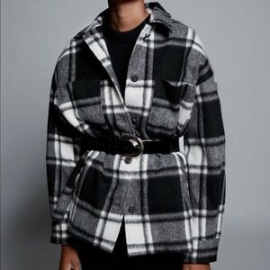 ZARA Wool Blend White Black Plaid Button Down Shacket Jacket Size Medium